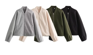 Flat lay of women's zip-up bomber jackets in grey, beige, dark green, and black colors