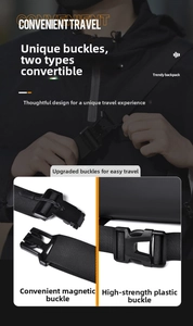Detail view of the backpack strap featuring a magnetic buckle and high-strength clip