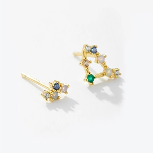 Asymmetric S925 silver earrings with colorful cubic zirconia in a zodiac-themed design