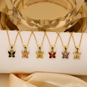 Vintage Titanium Steel Butterfly Pendant Necklace For Women 18K Gold Plated Colorful Zirconia Clavicle Chain Jewelry Gift