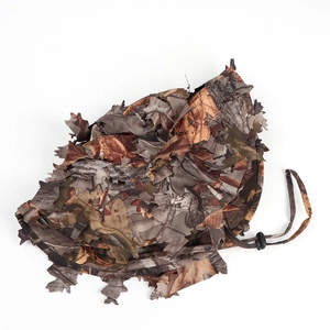 Detail of 3D bionic camouflage leaves on outdoor hunting hat with adjustable drawstring
