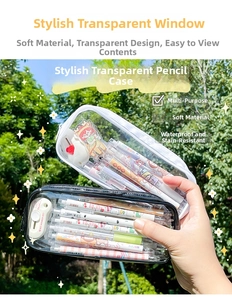 Close-up of clear PVC pencil cases in white and black showing large storage capacity
