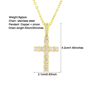 Detailed specs of the gold cross pendant with dimensions and stainless steel chain details