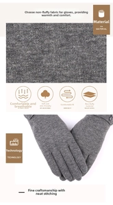 Detail of warm grey knit gloves featuring soft thermal lining and decorative wrist strap