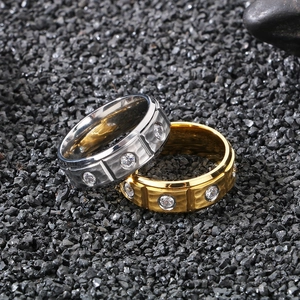 Men's 8mm titanium steel ring with textured grooves and zircon inlay in silver and gold