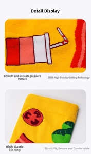 Detail of 200N high-density knit cotton socks with pizza jacquard pattern and elastic cuff