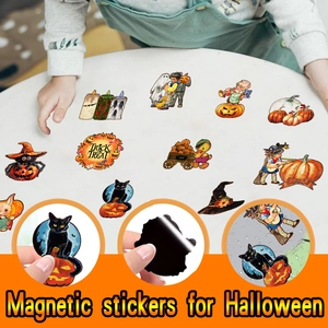 Close-up of Halloween magnetic stickers showing gnome and pumpkin patterns on metal surface