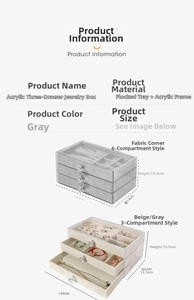 Detailed size specifications for three-drawer acrylic and velvet jewelry organizer