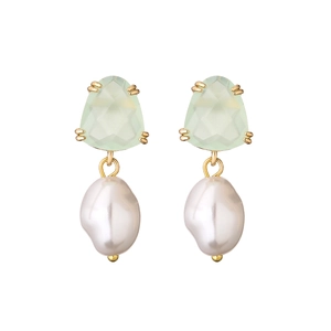 Detail showing green faceted gemstone earrings with hanging baroque pearls in gold finish