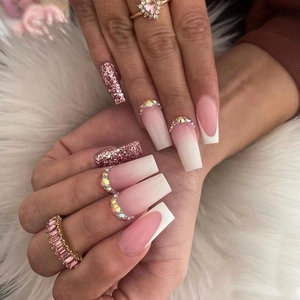 Unghie Finte Francesi Sfumate Rosa Con Strass E Glitter Rosa Unghie Finte Lunghe A Ballerina