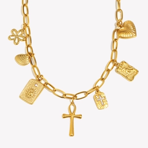 18K gold plated stainless steel multi-pendant necklace with cross and heart charms