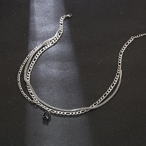 Multi-layer silver titanium steel necklace with a black square pendant on dark background