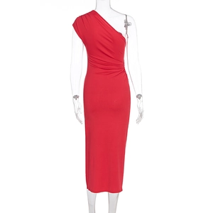 Detail showing the ruched side waist and asymmetric one-shoulder design on a red midi dress