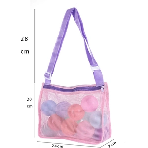 Pink mesh beach toy storage bag with purple straps showing 24x20x7cm product dimensions