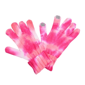 Close-up of pink and white tie-dye knit gloves showing touch screen conductive fingertips