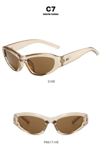 Detailed front and side views of Y2K cat-eye sunglasses with star decor on champagne frames