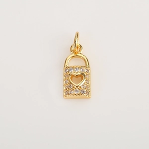 Detailed view of a gold lock pendant with micro-paved zircons and heart cutout