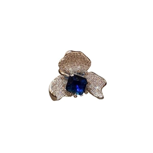 Blue zircon flower square open ring with vintage palace style and silver band