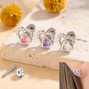 Double Heart Cubic Zirconia Ear Cartilage Stud Titanium Steel Screw Back Helix Piercing Jewelry For Women