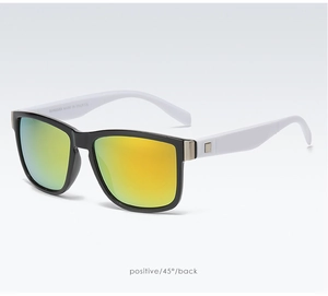 Detail view of square sports sunglasses with black front and white temples in Italy