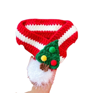 Handmade knitted Christmas scarf for pets with green tree decor and soft white pompom