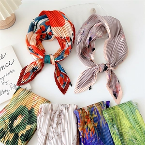 Fashionable pleated silk scarf with colorful floral prints for women's hair and neck styling