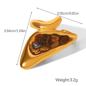 Detail of 18k gold stainless steel ring with natural tiger eye stone and size info