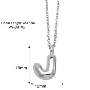 Detailed view of silver letter J bubble pendant necklace with size and weight specs
