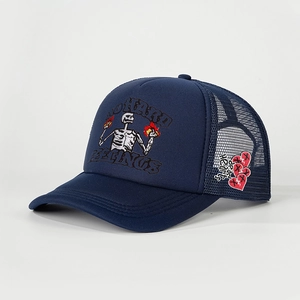 Navy blue trucker hat with flame skull print and heart side embroidery detail