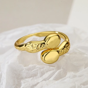 Adjustable gold plated geometric copper ring with hammered texture and smooth spheres