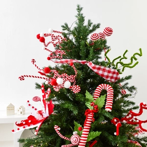 Peppermint themed Christmas tree ornaments set with red and white plush candy cane decorations