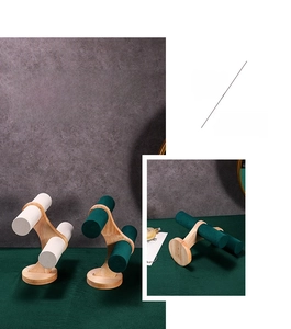 Detailed view of double-tier T-bar solid wood and velvet jewelry display stand