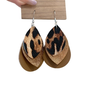Bohemian layered leopard print and gold leather teardrop earrings with silver fish hooks