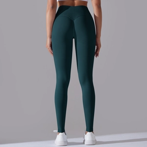 Close-up of seamless yoga leggings featuring a V-shaped waistband and ribbed texture