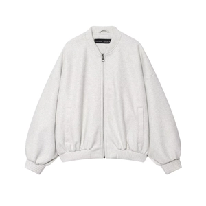 Minimalist light grey soft wool-like bomber jacket with stand collar and front zipper