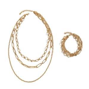 Chic 18k gold plated stainless steel multi-layer paperclip necklace and bracelet set
