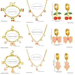 Pink enamel cherry flower bow butterfly stainless steel jewelry set with size details