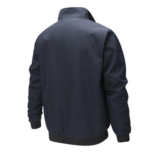 Navy blue men's casual stand collar jacket with ribbed cuffs shown from the back view