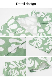 Detailed design views of floral print short sleeve set with collar and elastic waist