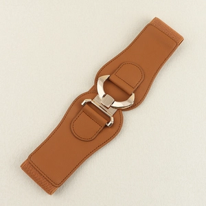 Close-up of brown PU leather corset belt with gold metal geometric buckle and elastic band