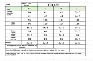 Tableau des tailles pour chemisier en mousseline et jupe plissée avec mesures