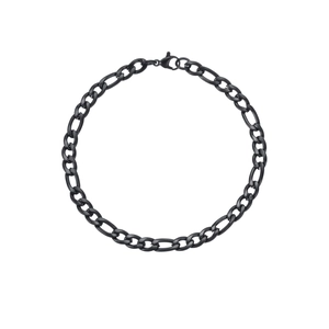Detail einer schwarzen Figaro-Gliederkette mit poliertem Finish und sicherem Karabinerverschluss