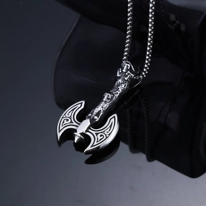Nordic Viking battle axe pendant necklace in antique silver steel with bead chain