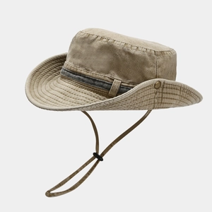 Khaki washed cotton outdoor sun hat with vintage fringe band and adjustable drawstring
