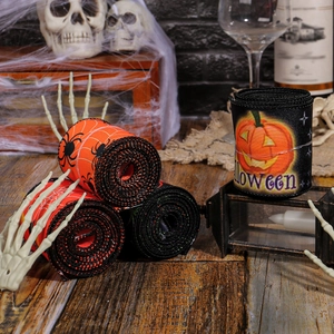 Halloween ribbons with spider webs and pumpkin patterns for festive party decorations