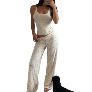 Women's floral print loungewear set with sleeveless tank top and high-waist wide-leg pants