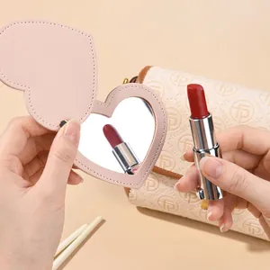 Pink heart-shaped PU leather folding makeup mirror with high-definition silver glass
