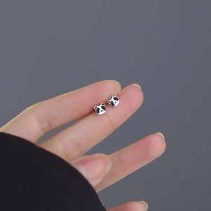 S999 sterling silver panda stud earrings featuring cute black enamel details on fingers