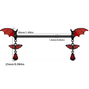 Detail showing 38mm length and 14G gauge size for red bat industrial barbell piercing