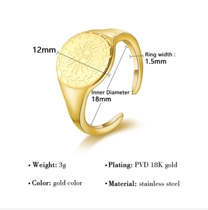 Detail view of gold sun coin ring with measurements and PVD 18K gold plated finish